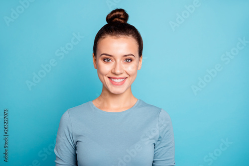 Close up photo of friendly optimistic lady feel glad pretty isolated dressed modern spring outfit on vibrant background photo