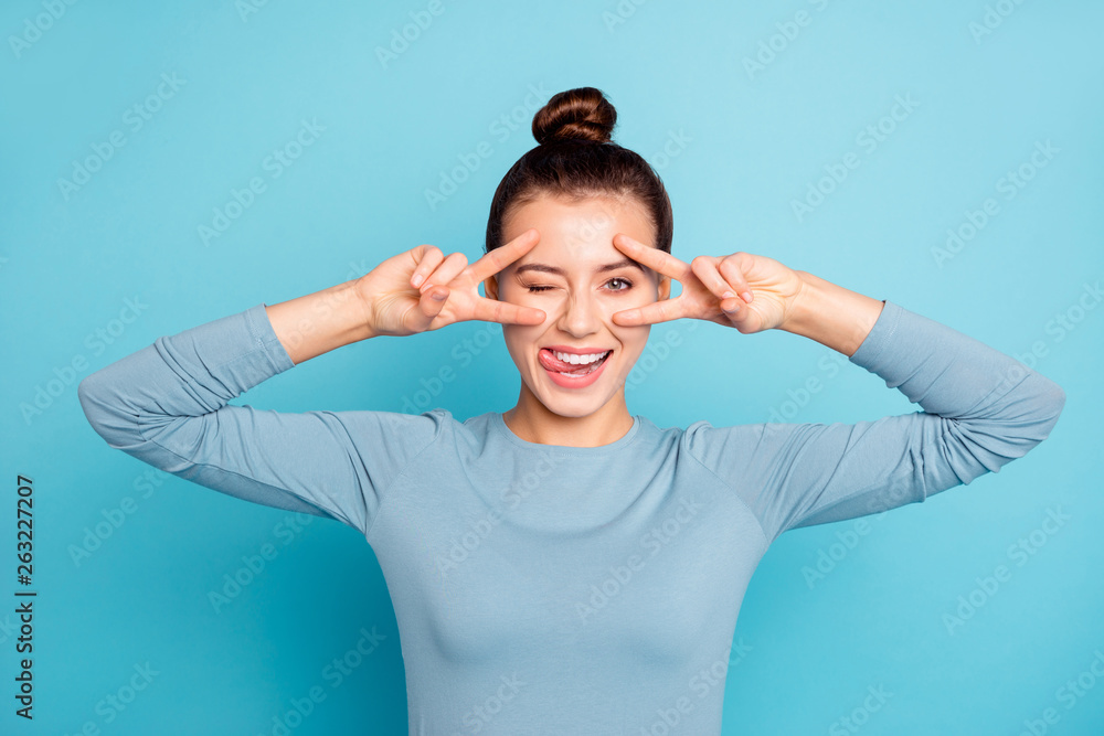 Portrait of cute attractive charismatic careless lady teen teenager have free time weekend holidays feel content enjoy candid make v-signs dressed spring clothing isolated on bright background Portrait of cute attractive charismatic careless lady teen teenager have free time weekend holidays feel content enjoy candid make v-signs dressed spring clothing isolated on bright background