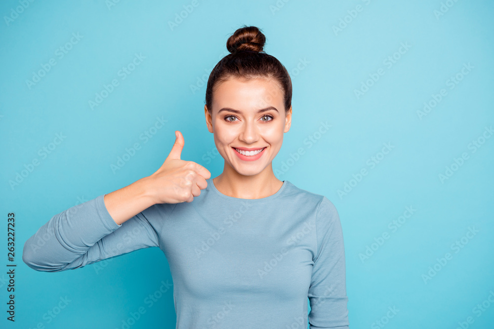 Fototapeta premium Portrait of charming candid cute millennial feel glad advise adverts information sales discounts decide choose suggest option news done pick wear spring cotton clothes isolated on blue background
