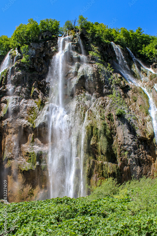 Clear Waterfall in summer in the Plitvice Lakes National Park, Croatia
