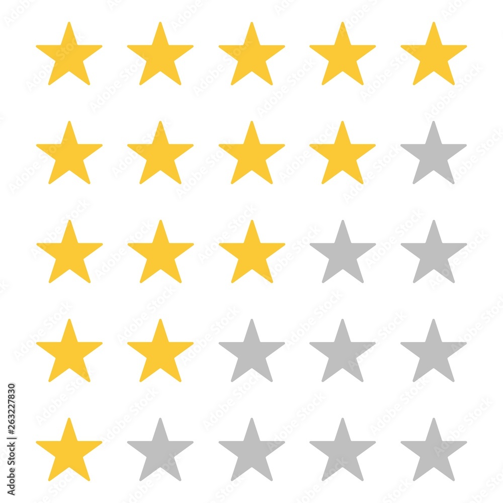 Five star rating. Rate status level. Different ranks from one to five stars.  Golden and gray transparent stars. Template design for web or mobile app.  Stock Vector Adobe Stock