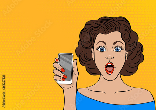 Surprised girl with mobile in the hand in Pop Art style. Pretty woman with open mouth holding smartphone. Vector illustration 