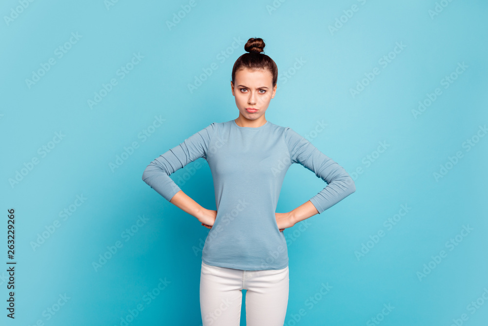 Portrait of her she nice attractive lovely slim fit thin mad strict girl isolated over bright vivid shine turquoise background Portrait of her she nice attractive lovely slim fit thin mad strict girl isolated over bright vivid shine turquoise background