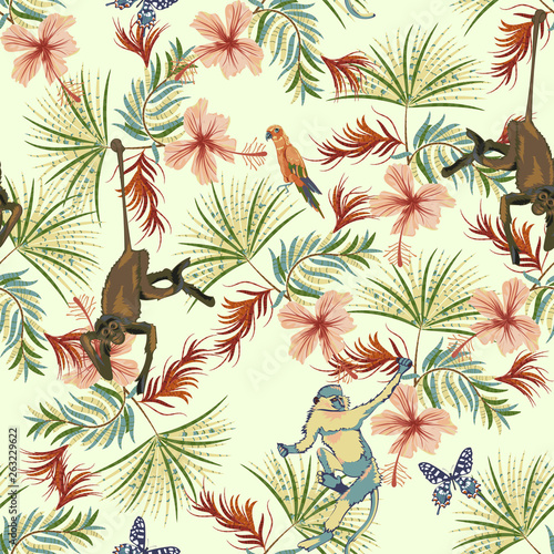 Tropical seamless pattern with flowers, monkey and parrots. Vector floral patch for print