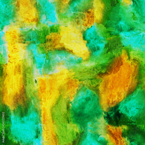 Watercolor texture for the background, green and orange handmade splashes and stains