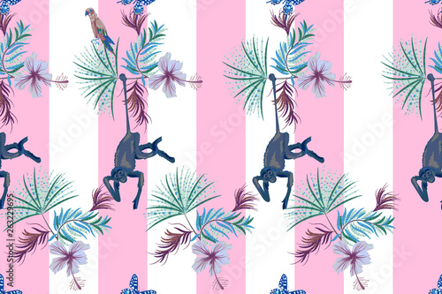 Photography Striped tropical seamless pattern with flowers, monkey and butterflies