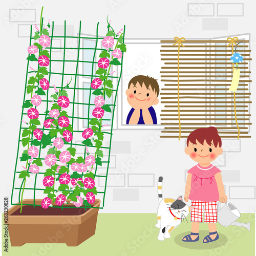 朝顔のグリーンカーテンと夏休みの子供