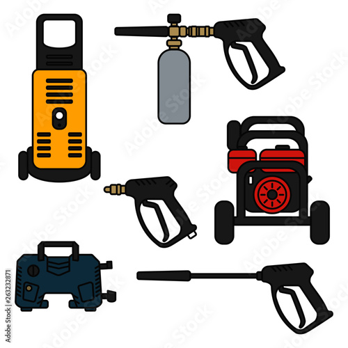 set of vector illustration pressure washer machine electric with spray gun equipment flat design style