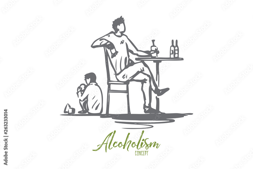 Father, alcohol, drunk, child, alcoholism concept. Hand drawn isolated vector.