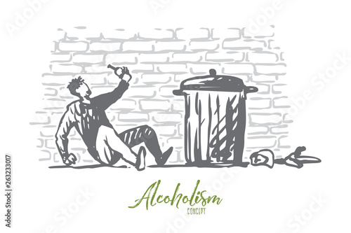 Alcoholism, man, drunk, bottle, tired concept. Hand drawn isolated vector.