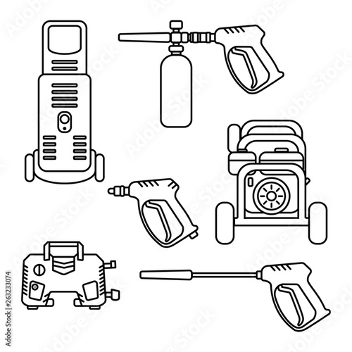 set of vector illustration pressure washer machine electric with spray gun equipment flat design silhouette style