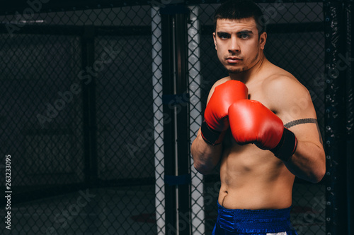 Young attractive shirtless man in boxing gloves posing in defense boxer stance isolated on dark background in sport and fitness exercise workout.