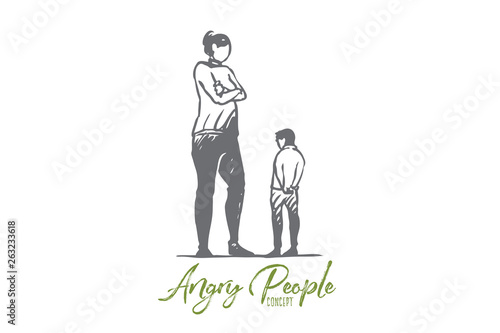 Son, mother, angry, parent, upset concept. Hand drawn isolated vector.