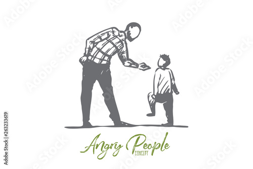 Son, father, angry, scold, conflict concept. Hand drawn isolated vector.