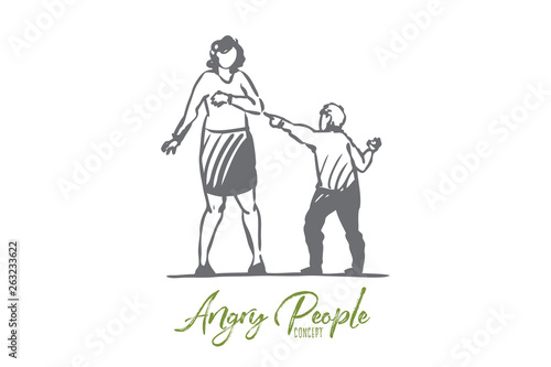 Son, mother, child, parent, angry, scold concept. Hand drawn isolated vector.