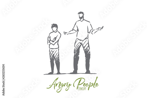 Son, dad, child, angry, scold, naughty concept. Hand drawn isolated vector.