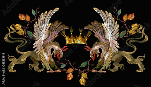 Embroidery two griffins and golden crown. Medieval concept. Gothic tapestry renaissance art. Template for clothes, t-shirt design