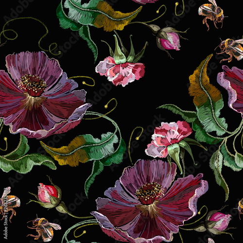 Fototapeta Naklejka Na Ścianę i Meble -  Violet flowers embroidery seamless pattern. Summer art. Fashion template for clothes, textiles, t-shirt design