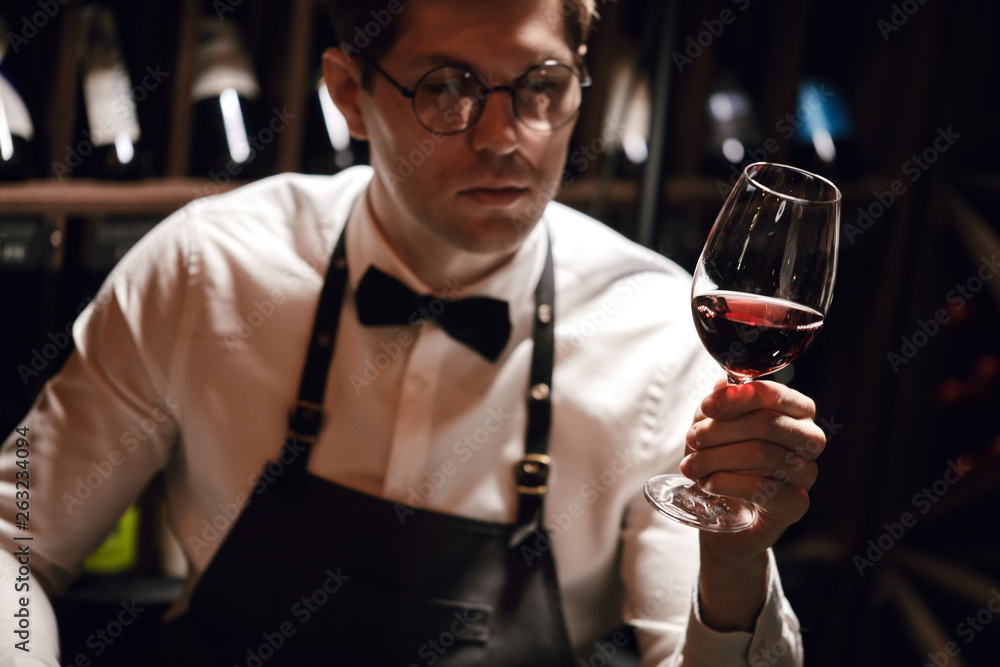 Obraz premium Experienced sommelier has not only wine etiquette but also wine tasting skills enjoying taste and flavor of noble beverage.