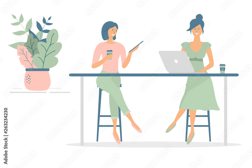 Women friends or colleagues sitting at desk in modern office or cafe,working at notebook and tablet,have coffee, talking.Effective and productive teamwork.Hand drawn style vector design illustrations