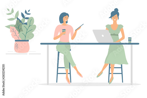 Women friends or colleagues sitting at desk in modern office or cafe,working at notebook and tablet,have coffee, talking.Effective and productive teamwork.Hand drawn style vector design illustrations