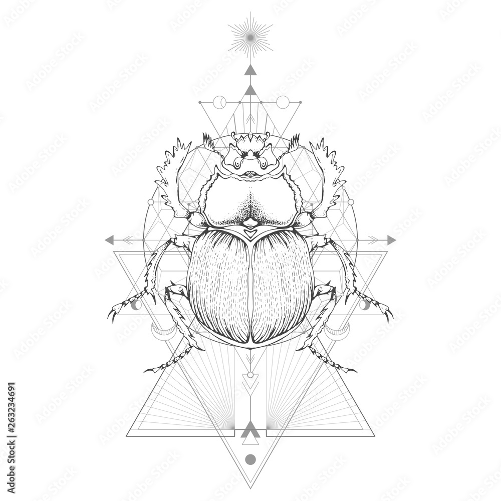 Fototapeta premium Vector illustration with hand drawn scarab and Sacred geometric symbol on white background. Abstract mystic sign.