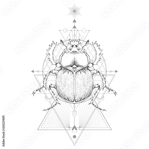 Vector illustration with hand drawn scarab and Sacred geometric symbol on white background. Abstract mystic sign.