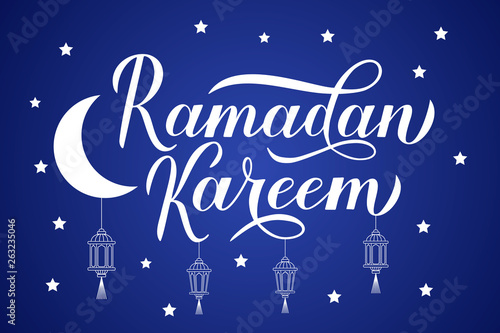 Ramadan Kareem calligraphy lettering with lanterns on night sky background. Muslim holy month typography poster. Vector template for Islamic traditional banner, greeting card, flyer, invitation.
