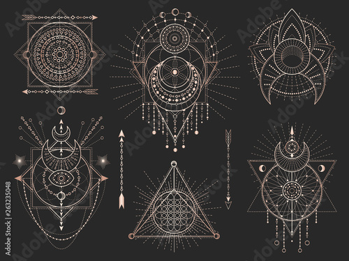 Vector set of Sacred geometric symbols and figures on black background. Gold abstract mystic signs collection.