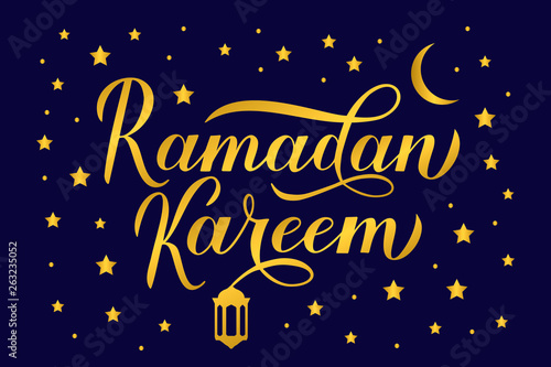 Ramadan Kareem gold calligraphy lettering on dark blue background. Muslim holy month typography poster. Islamic traditional vector illustration. Template for banner, greeting card, flyer, invitation.