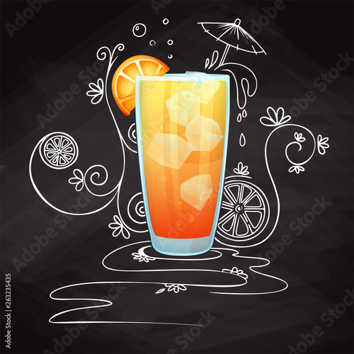 Realistic cocktail on chalk background with doodle, pattern. Vector
