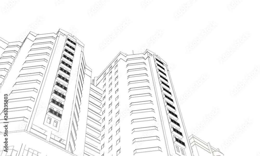 Contour of a multistory building. Bottom view 3D. Vector illustration Contour of a multistory building. Bottom view 3D. Vector illustration