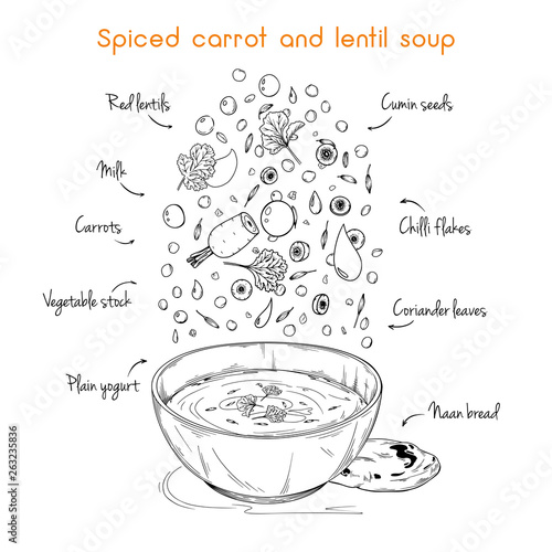 Simple recipe for soup. Spiced carrot and lentil soup. Vector