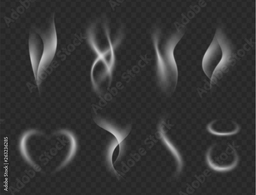 Steam and smoke. Vape shapes hot kitchen smell vector realistic pictures Realistic smoke. White food steam hookah hot tea coffee smoke texture isolated on black background