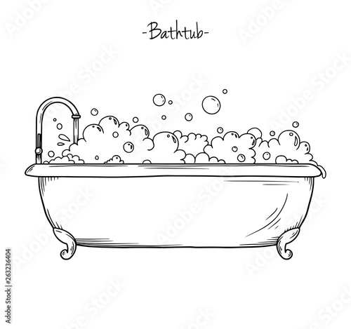Sketch bath with tap and foam. Vector illustration