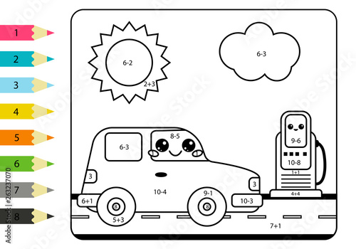 Mathematical coloring page for kids. Kawaii car and gas station. Worksheet with addition and subtraction.