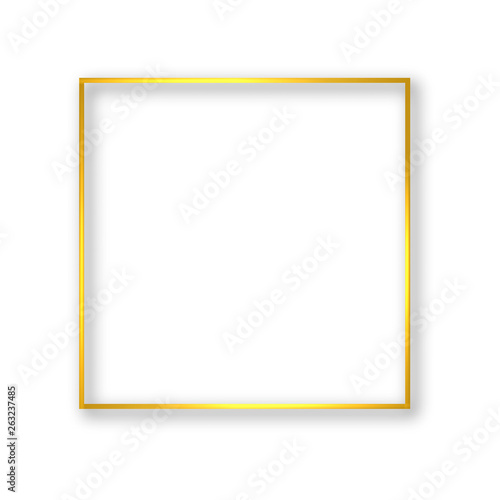 Gold glowing square frame with shadow isolated on white. Luxury golden border vector background. Easy to edit template for invitations, cards, party decorations, wedding stationery etc.