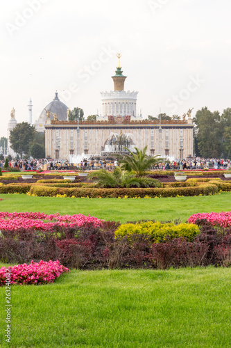 A view of the Park, exhibition center, beautiful flower bed, Stone flower fountain, pavilion and many other pavilions of the historic architectural complex.