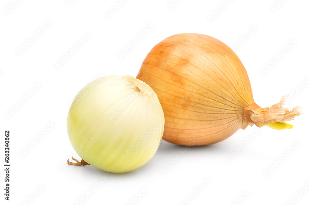 Onion and peeled onion on white background. Onion and peeled onion on white background.