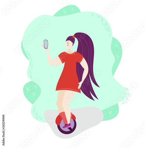 Girl with phone making selfie on Hoverboard Vector. Riding On Gyro Scooter. Outdoor Activity. One-Wheel Electric Self-Balancing Scooter. Isolated flat trendy modern style Illustration