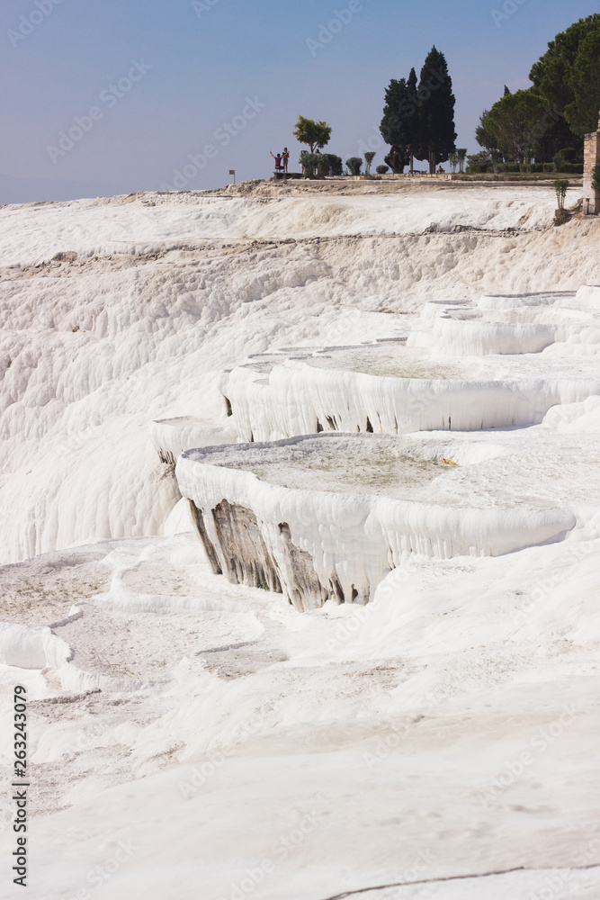 Pamukkale, Turkey. View of the white salt terraces. Near Denizly town and antique city Hierapolis