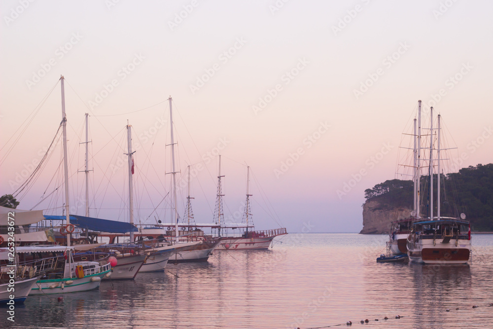 View on the sea bay and boats. Kemer, Turkey. Antalya coast