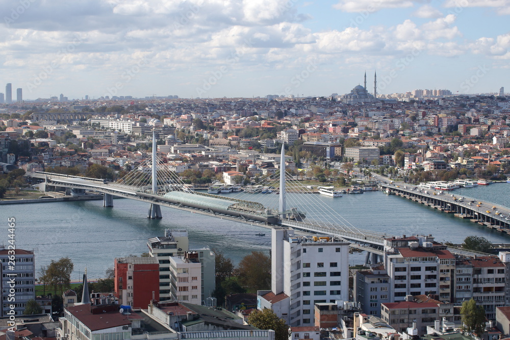 View from a high point on the bridges across the Golden Horn Bay:  the cable-stayed Golden Horn Metro Bridge and Ataturk Bridge (Istanbul, Turkey)