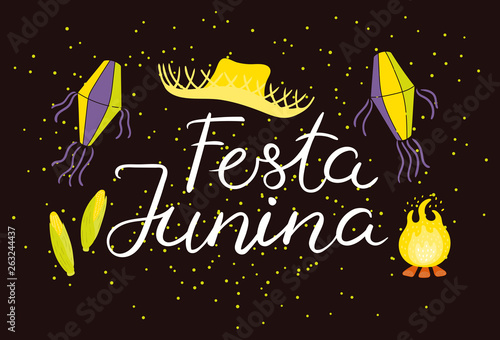 Festa Junina poster with straw hat, lanterns, bonfire, confetti, Portuguese text, on dark background. Hand drawn vector illustration. Flat style design. Concept for holiday banner, flyer.