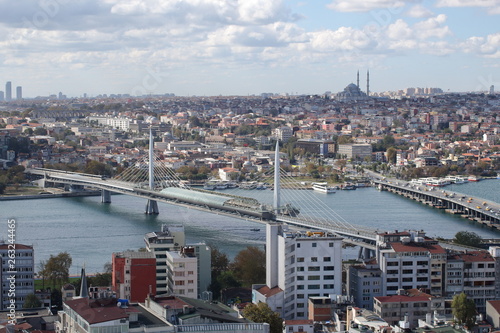 View from a high point on the bridges across the Golden Horn Bay: the cable-stayed Golden Horn Metro Bridge and Ataturk Bridge (Istanbul, Turkey)