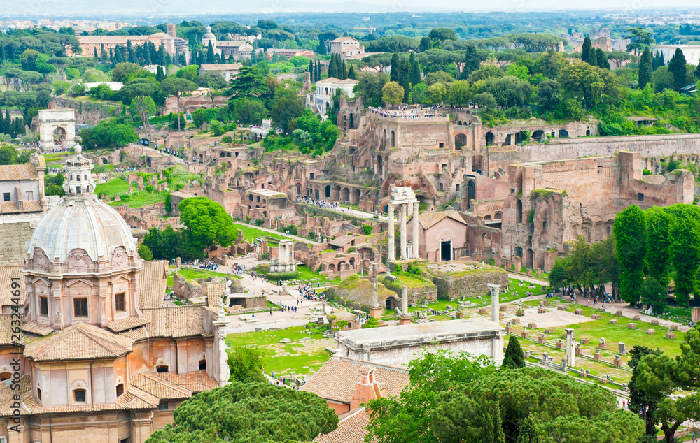 Roman Forum, aerial view. Spring day. Rome. Italy
