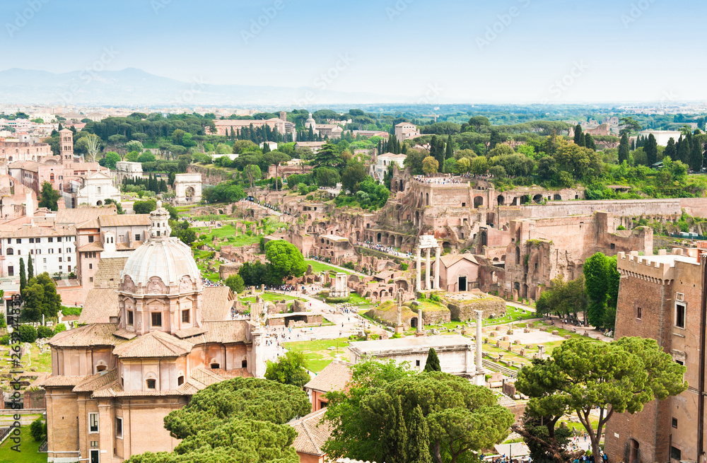 Scenic aerial view. Panorama. Roman Forum in sunny spring day. Rome. Italy