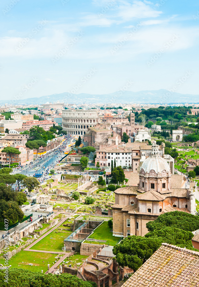 Scenic aerial view. Colosseum in spring day. Rome. Italy