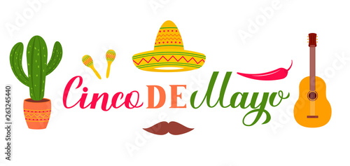 Cinco De Mayo lettering with Sombrero, guitar, cactus and maracas. Mexican fiesta typography poster. Vector template for party invitation, banner, poster, greeting card, flyer, etc.