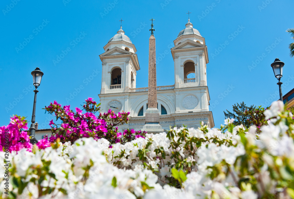 Flowers of the Spanish Steps and the church of the Santissima Trinita dei Monti in sunny spring day. Rome. Italy